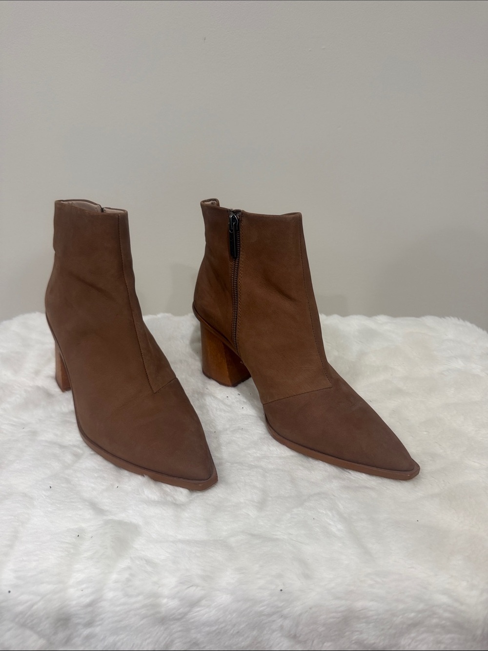 1. State Brown Pointed-Toe Block Heel Ankle Boots